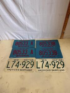 Pair of 1959 Wisconsin License Plates L74-929 & Two Sets Wisconsin Collector Plates 80533A, 80533B