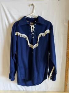 Vintage Fenton Western Shirt, Blue with White Fringe, Lace-Up Front, Extra Long Tail