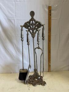 Ornate Victorian Cast Metal Fireplace Tool Set, 4 Tools with Stand, 29" Tall, Scroll Design