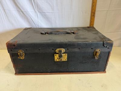 Vintage Storage Trunk, Wood Frame with Leather Covering, Brass Hardware, Approx. 20"x10"x10"