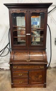 Antique Late 19th Century Walnut Roll-Top Secretary Desk with Glass Hutch