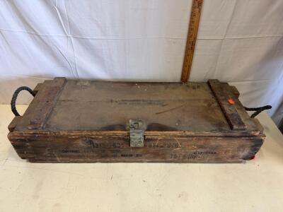 Vintage Military Mortar M32 Wooden Ammunition Crate with Rope Handles