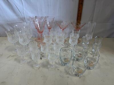 Mixed Glassware Set: Crown Royal Reserve Tumblers, Pink Depression & Crystal Stemmed Glasses, 23pc