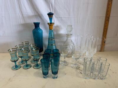 Bohemia Glass Czechoslovakia 20-Piece Blue & Gold Barware Set with Decanters & Stemware Crystal