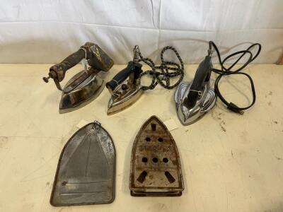 Lot of 3 Vintage Electric & Non-Electric Flat Irons with 2 Trivets, Eldom & Simplex