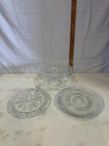 Clear Pressed Glass Cake Stand with Pedestal & Two Matching Serving Plates, Ornate Patterns