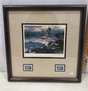 1993 Ed Tussey Signed Alaska Waterfowl Print, Limited Edition 60/5550, 2 $5 Stamps, COA, Framed