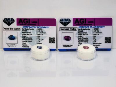 (2) Certified Natural Gemstones Including 2.60cts. Natural Red Ruby Oval Cut Gemstone & 2.25ct. Blue Sapphire Oval Cut Faceted
