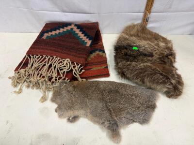 Southwestern Saddle Blanket 36x20" with Rabbit and Raccoon/Bobcat Tanned Fur Pelts