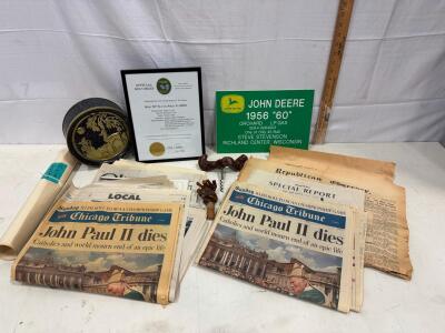 John Deere "60" Orchard LP Gas Tractor Limited Edition Sign, BO Tractor Certificate, Historic Newspapers