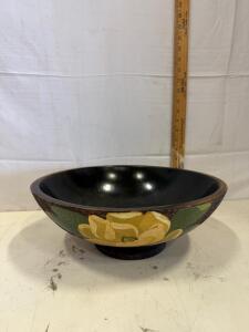 Hand-Painted Wooden Bowl, Folk Art, 9.25", Yellow Flower & Religious Crosses Motif