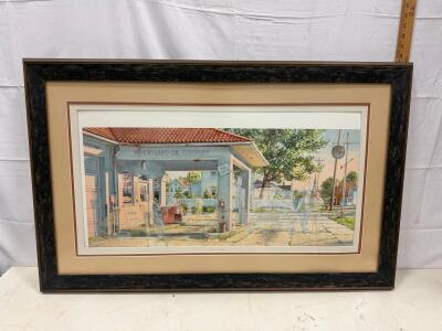 Vintage Framed Art Print "Full Service" &ndash; Wheatland Oil Company Scene, 39.5"x23.5", Triple Matted