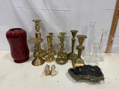 Eclectic Lot of Brass & Glass Candle Holders, Red Vase, Rock Specimen, Silver Salt & Pepper