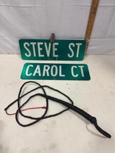 Pair of Aluminum Street Signs "STEVE ST" & "CAROL CT" 24"x6" + 6ft Braided Leather Bullwhip