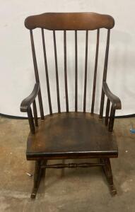 Traditional Windsor Style Wooden Rocking Chair, Medium Brown Wood, Turned Legs, Slat Back ( T2 )