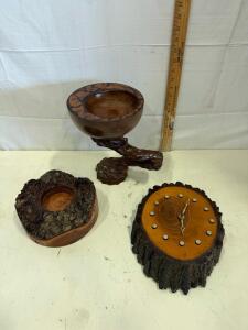 Stevenson USA Burl Wood Wall Clock & 2 Decorative Bowls, Handcrafted Rustic Art Set #182