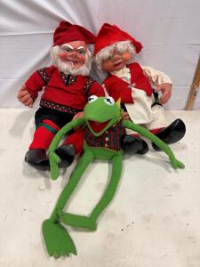 Anne Hasle Norwegian Folk Art Dolls Pair 20.5" Signed & Vintage Kermit the Frog 18" Plush Jim Henson