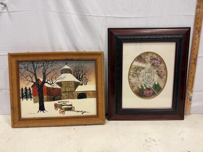 Framed Art Lot: H. Hargrave Winter Barn Painting & Vintage Floral Lace Collage, 16"x13" & 18"x14"
