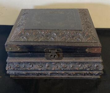Ornate Vintage Wooden Jewelry Box with Embossed Metal Overlay and Fabric Lining 18&rdquo;x14&rdquo;x11&rdquo;