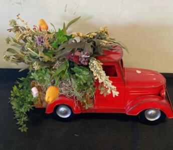 Red Vintage Metal Truck Planter with Faux Flower Arrangement, 12" Tabletop Centerpiece Decor