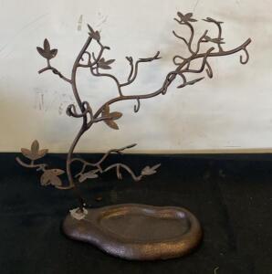 Handcrafted Metal Jewelry Display Stand, 7 Branches, Leaf Motif, Stone-Style Base, 14" Tall