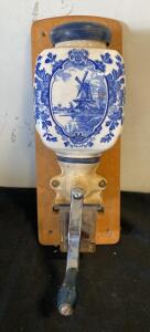 Delft Blue Wall-Mounted Hand Crank Coffee Grinder, Ceramic Hopper, Glass Catch Cup, c. 1920s-1950s