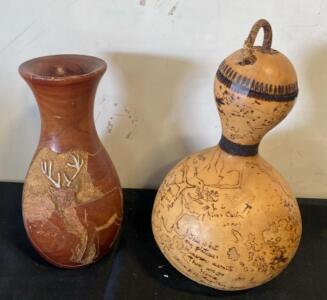 Hand-Carved Deer Wood Vase & Pyrography Map Gourd, 12" Signed 2013, Decorative Art Pair
