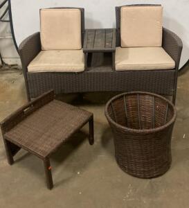 2-Seat Outdoor Wicker Patio Loveseat with Center Table, Brown Frame, Beige Cushions ( T2 )