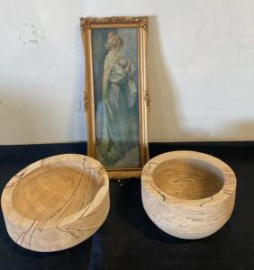 Set of Two Handcrafted Spalted Maple Bowls and Framed Portrait of Woman with Child