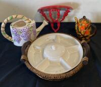 Decorative Ceramic Kitchenware Lot: Leaf Teapot, Divided Tray, Watering Pitcher, Red Wall Shelf