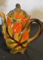 Decorative Ceramic Kitchenware Lot: Leaf Teapot, Divided Tray, Watering Pitcher, Red Wall Shelf - 2