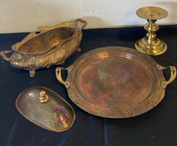 Antique Brass & Copper Tableware Lot: Ornate Planter, Tray, Candlestick, Lidded Dish c.1900s