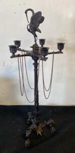 Antique Bronze 5-Arm Candelabrum with Crane Figure and Paw Feet 24&rdquo;