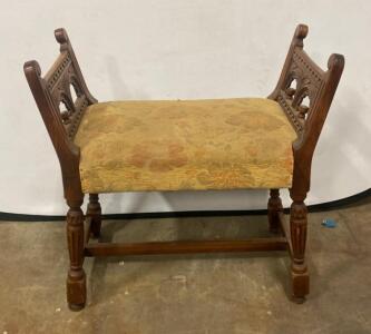 Vintage Upholstered Wooden Bench with Hand-Carved Details, Approx. 30" W x 14" D x 18.5" H