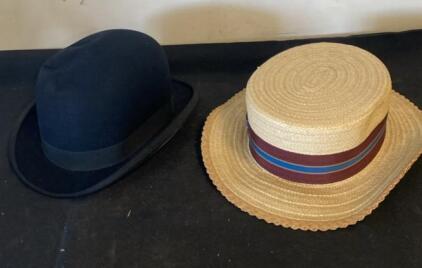 Portis Bowler Felt Hat & Stylepark Straw Boater, Vintage American, Classic Ribbon