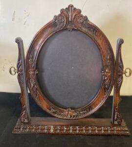Antique Carved Walnut Tabletop Vanity Swing Mirror, Ornate Floral & Scroll, 14&rdquo;x13&rdquo;