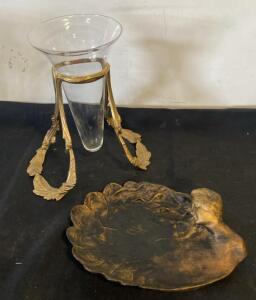 Art Nouveau Glass Vase with Gilt Metal Stand & Woman's Bust Trinket Dish, Circa 1890&ndash;1915, 12"/9"