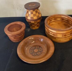 Handcrafted Segmented Woodturned Bowl & Vase Set, Walnut/Cherry/Maple, Signed by Artist