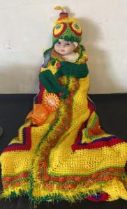 Porcelain Baby Doll 16-18" with Award-Winning Handmade Colorful Crochet Cocoon Set & Ribbons