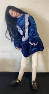 Large Porcelain Artist Doll, 36&ndash;42 in, Blue Velvet Dress, Black Hair, Blue/Grey Eyes