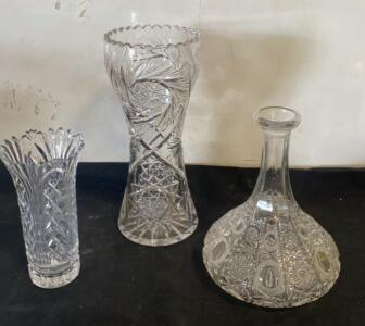 Cut Crystal Decanter and Vases Set &ndash; Ornate Geometric Starburst Patterns, Vintage