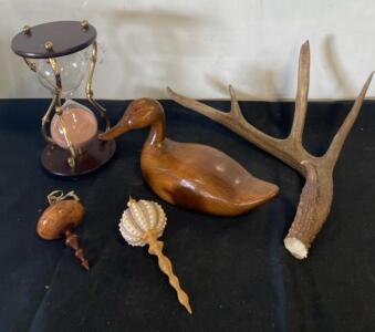 Hand-Carved Wooden Duck Decoy, Brass Hourglass, Deer Antler, Decorative Bottle Stoppers Set