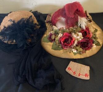 Vintage Edwardian Wide-Brimmed Hats with Feathers and Beaded Evening Clutch