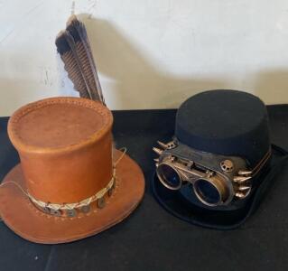 Leather Western Top Hat w/ Feather & Coin Band + Steampunk Black Top Hat w/ Bronze Goggles