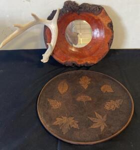 Rustic Live Edge Wood Mirror with Antler Accent and Decorative Leaf Motif Wooden Tray