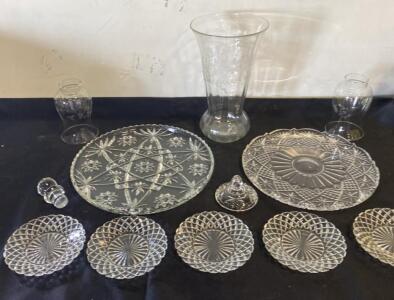 Vintage Pressed & Cut Glassware Set - 11 Pieces, Serving Plates, Dessert Dishes, Vase, Covered Dish