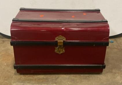 Vintage Burgundy Metal Storage Trunk with Brass Latch, 30"x18"x18", Mid-20th Century ( T2 )