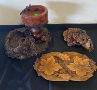 Hand-Carved Wooden Grape Leaf Tray & Rustic Burl Wood Bowl Decorative Art Set, Natural Finish