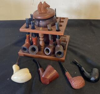 Vintage Wooden Pipe Rack with Glass Humidor and Assorted Smoking Pipes, Horse Motif Lid
