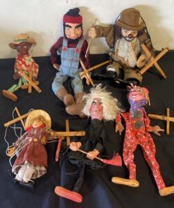 Lot of 6 Vintage Marionette String Puppets &ndash; Clown, Witch, Farmer, Villager, Multi-Character, 15"